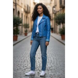 Urban Republic Women's Moto Jacket Blue Asymmetrical Zip Sz L quilted structured